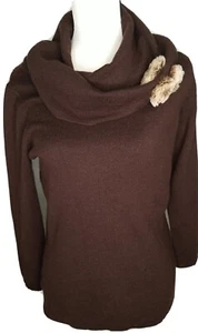 Parisian Sweater Merino Wool Faux Fur cowl bouquet PM Petite Medium 8P-10P Brown - Picture 1 of 5
