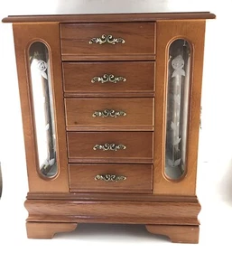 Vintage Wooden Jewelry Box Armoire Style 10" x 13" x 5” Cherry - Picture 1 of 12