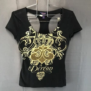 House of Dereon Black Gold Embellished T-shirt Fit and Flare Sz M Y2K Razorback - Picture 1 of 15