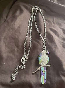 Chico’s signed Rhinestone bird enamel Parrot Necklace blue green Silver Long. - Picture 1 of 5