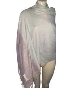 Pale Blue Pink Paisley Shawl Scarf Wrap Stole 100% Cashmere Pashmina &  Fringe - Picture 1 of 1