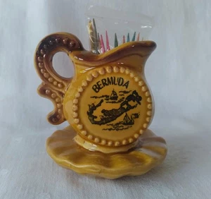 Vintage Bermuda Is. Souvenir Toothpick Holder Amber Yellow Ceramic Pitcher Japan - Picture 1 of 20