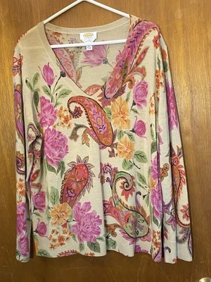 Pulôver Talbots 2X 100% lã merino bege gola V multicolorido flor paisley - Imagem 1 de 4