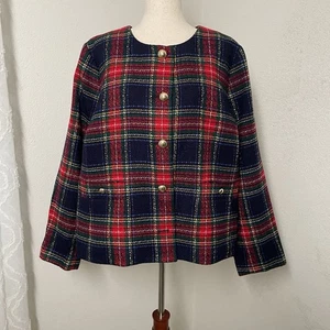 Talbots Plus Womens Red Navy Plaid Tweed Blazer Gold Buttons 20W Quiet Luxury - Picture 1 of 8