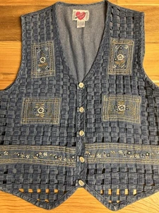 Vintage Karen Hart Denim Jean Vest Woven Granola Boho 80s 90s Floral L Cowgirl - Picture 1 of 7