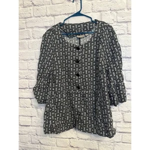 Kim Rogers Damenbluse 2X Leinen schwarz weiß Blumenmuster Knopfleiste 3/4 Arm - Bild 1 von 6