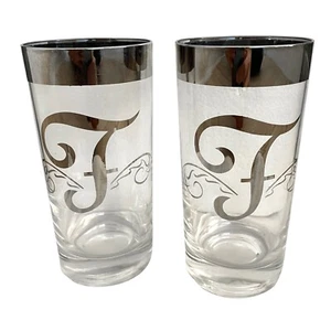 x2 Mid-Century "F" Monogram Silver Rim Highball Glasses Tumblers  - Picture 1 of 5