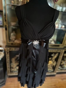 Vtg Betsy & Adam  Black Mini Ruffle Tiered Dress Bow Jewel Detail Sz 8P - Picture 1 of 13