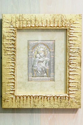 QUADRO MADONNA icona in argento 925 e cornice in legno con particolari dorati - Immagine 1 di 4