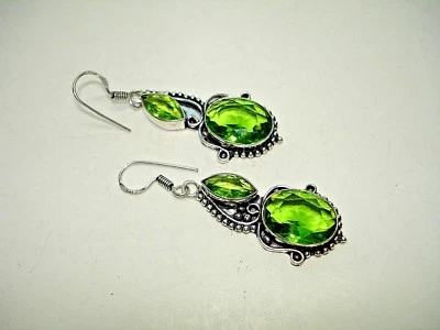 AB One-of-a-Kind Green Peridot Oval Marquise .925 Silver Hook Earrings 2.25"  - Image 1 of 4