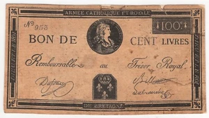 FRANCE 100 LIVRES 1793 P:A100 Armee Catholique et Royale - Picture 1 of 2
