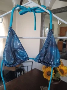 Womens Size Small Blue Shimmering Triangle Halter Bikini Swim Bathing Suit Top - Picture 1 of 2
