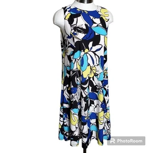 ANNE KLEIN Blue White Jersey Sleeveless Crew Neck Short Flare Dress Size 10  - Picture 1 of 12