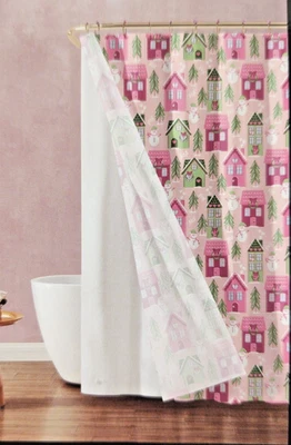 Nuevo Juego de 14 cortinas de ducha de baño Betsey Johnson árbol de pueblo XOXO de Navidad Foto 1 de 4