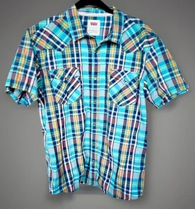 Levis Mens Shirt Pearl Snap Short Sleeve Blue Green Yellow Pink Plaid Size Large - Picture 1 of 19