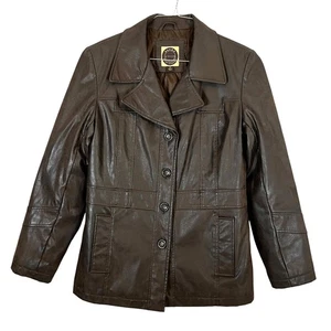 Giacca Gallery Brown Faux Leather Jacket Lined Button Up Women's M Vintage - Picture 1 of 8