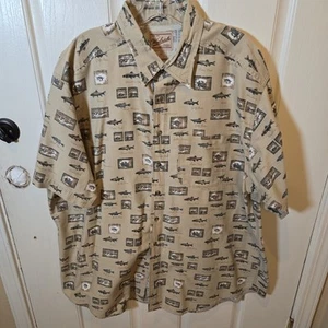 VTG Woolrich Shirt Mens XXL Khaki Fishing All Over Print Button Down Made in USA - Picture 1 of 6
