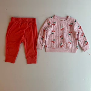Cat & Jack Baby Girl 2-Piece Outfit Set 12M – Cherry Print Top & Coral Pants - Picture 1 of 6