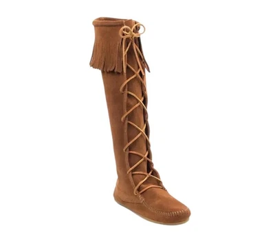 NOVO MINNETONKA Feminino Tamanho 5 Marrom Camurça Frente Renda Joelho Alto Botas Mocassim Boho - Imagem 1 de 4