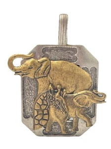 Elephant Giraffe Zoo Safari Animal Artisan Silver Gold Metal VTG Pendant 4”X3” - Picture 1 of 5