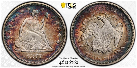 Rainbow Toned Silver 1877 Seated Liberty 25 Cents | PCGS XF45, Beautiful! Cover