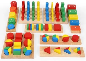 TOWO Wooden Geometric Shapes Stacking Rings and Fractions Boards 8 in 1 Set P... - Picture 1 of 8