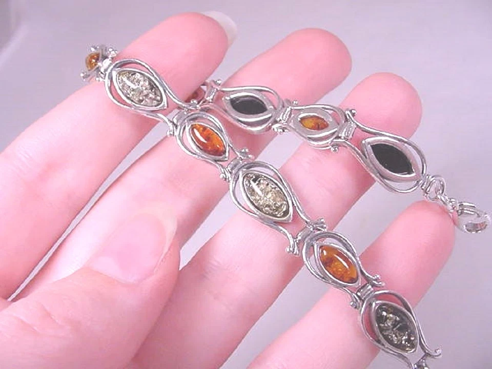 (pb6) AMBER Orange Green Poland 925 Sterling SILVER tennis link 7" long BRACELET - Image 1 of 1