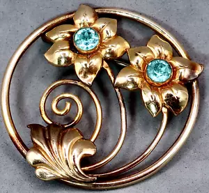 Vintage 1950s 12K Gold Filled Swirling Flower 2" Pin Brooch Turquoise Rhinestone - Picture 1 of 7