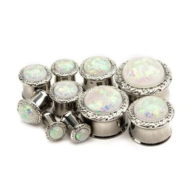 一对闪光蛋白石宝石钢制双闪光耳塞 14 毫米/9/16 规格  — 第 1/3 张图片