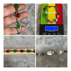 Vintage 925 Sterling Silver Mexico Red & Green Stone 7” Bracelet - Picture 1 of 12