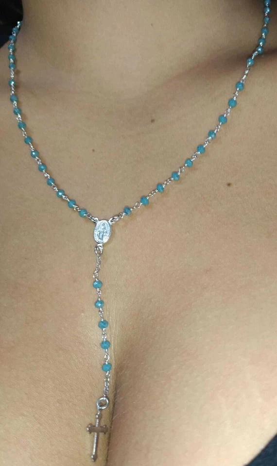 COLLANA A ROSARIO IN ARGENTO 925 RODIATO IN ORO 18KT E PIETRE CELESTI - Immagine 1 di 4