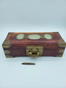 Vintage Chinese Shanghai Jewelry Box Wood Brass and Jade Design red Silk - Picture 1 of 13