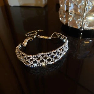 Choker Necklace Crystal Silver Rhinestone Sparkly Hollow Heart Wide Chain Party - Picture 1 of 2