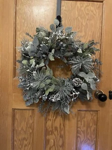 Luxury Festive Flocked Silver And Grey Green Christmas Wreath 40cm appx BNWT - Picture 1 of 9