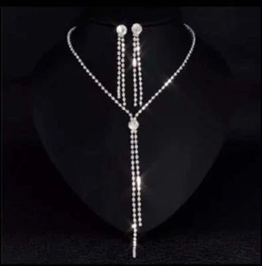 Braut Halskette Ohrringe Set glänzend Silber Strass Schmuck - Bild 1 von 6