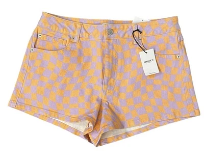 Forever 21 Checkerboard Shorts Womens 28 Orange Purple Denim Festival Punk NWT - Image 1 of 4