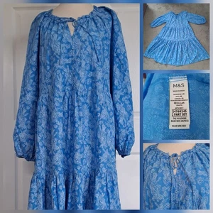 M&S Blue Tiered Dress Summer UK 20 Light Cotton Maxi - Picture 1 of 20