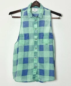 American Eagle Sleeveless Button Up Shirt Women’s XL Green Blue Gingham Picnic - Picture 1 of 3