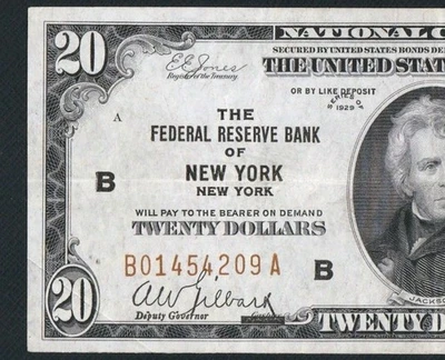 BEAUTIFUL RARE NEW YORK 1929 $20 NATIONAL CURRENCY NOTE. NO PINHOLES OR TEARS - Image 1 of 3