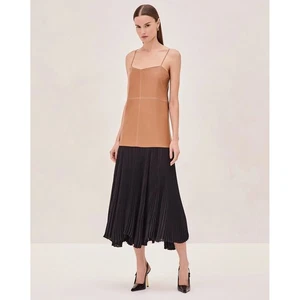 Alexis Piatta Kleid Kunstleder Plissee ärmellos Maxi schwarz braun Gr. XS - Bild 1 von 15