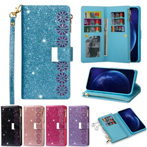 Glitter Wallet Case Strap Zipper Card Flip Cover for Huawei P40 P30 P20 Lite Pro - Picture 1 of 33