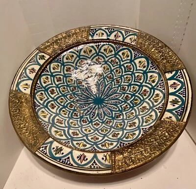 摩洛哥 Saad Safi 手绘 19 英寸粘土盘艺术陶器 19 世纪摩尔人包 — 第 1/4 张图片