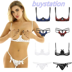 Women Open Cup Shelf Bra Crotchless G-string Briefs Lace Lingerie Set Nightwear - Picture 1 of 48