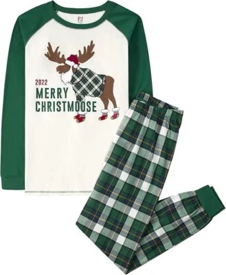 Merry Christmas Holiday Pajamas Set Men's XL Cotton White Green Moose 2022 - Image 1 of 2