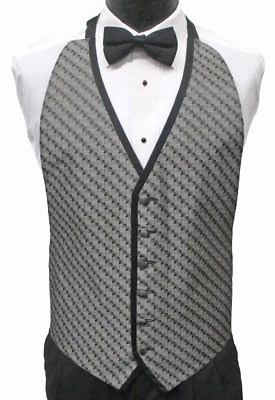 Men's Silver Open Back Tuxedo Vest & Bow Tie Set Wedding Prom Fit All(37-50) - Image 1 of 2