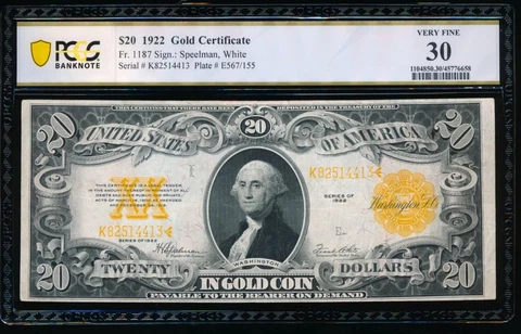 AC Fr 1187 1922 $20 Gold Certificate PCGS 30 Cover