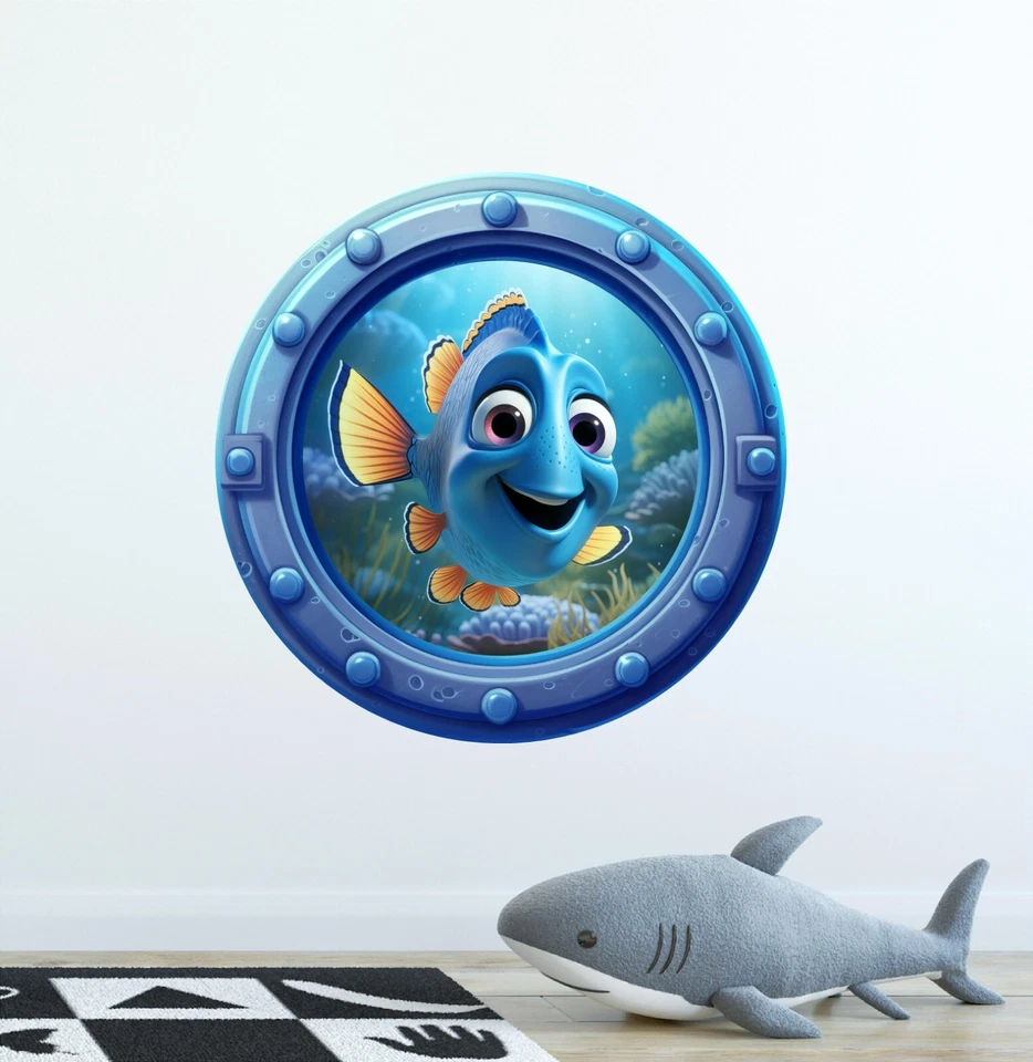 Calcomanía de pared extraíble Blue Tang dibujos animados ojo de buey ventana 3D pez Dori Foto 1 de 4