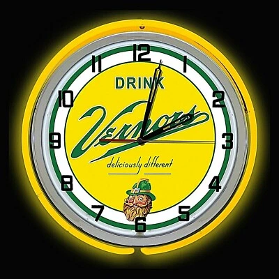 Reloj Doble Neón Amarillo Letrero Ginger Ale 19" VERNORS Deliciosamente Diferentes  Foto 1 de 2