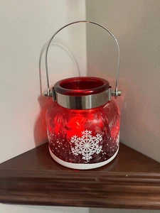 Red frosted glass candle holder white glittered snowflakes handle Christmas - Picture 1 of 3