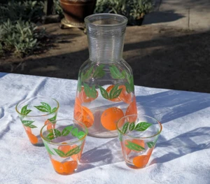 Vintage Hazel Atlas Orange Juice Carafe Decanter & 3 Matching Juice Glasses - Picture 1 of 11